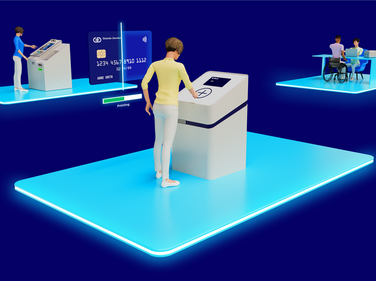 3D model showing a customer at an issuance kiosk