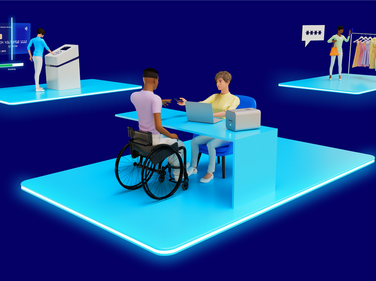 3d model: a person hands over a credit card to another person
